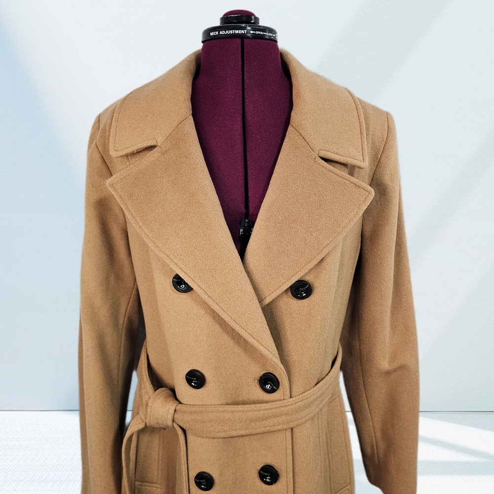 Anne Klein Cashmere Wool Blend Camel Double-Breasted Belted Trench Coat - Picture 3 of 16